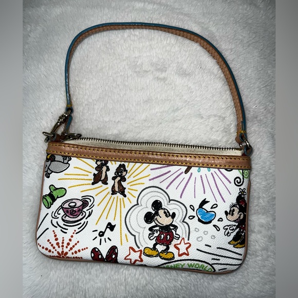 Dooney & Bourke White Multi Disney Print Wristlet with Tan Trim - Picture 2 of 7